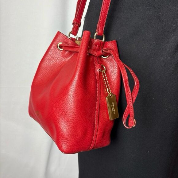 Coach Purse Derby Crossbody Bag Red Pebbled Leather Drawstring Bucket Sold Out! - Picture 6 of 12
